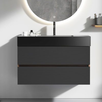 Meuble-lavabo mural avec tiroirs noirs doux et finition noyer, lavabo Grace