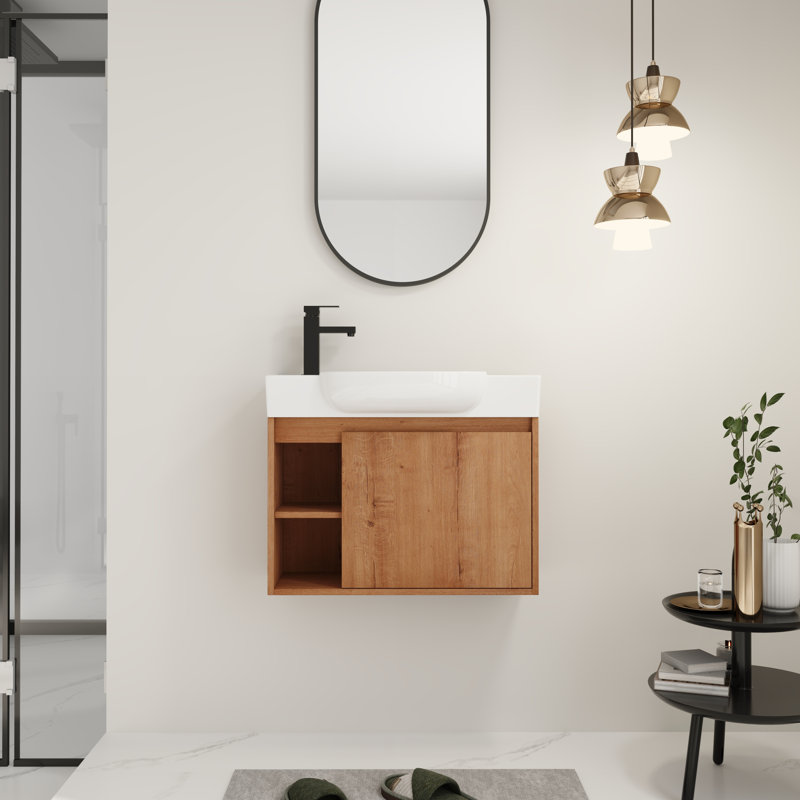 Ensemble de meuble-lavabo mural de 26 pouces avec lavabo en céramique blanche et porte à fermeture en douceur