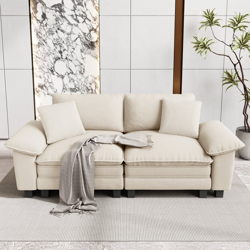 Canapé de salon surdimensionné de 88 po à assise profonde, canapé en chenille avec coussins décoratifs, 2, Chenille ivoire
