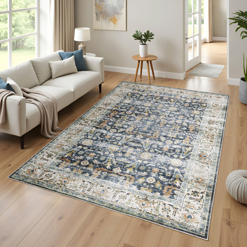 Annegrethe Oriental Machine Washable Performance Non-Skid Blue/Gold Area Rug Mat, Rectangle 7'6" x 10'