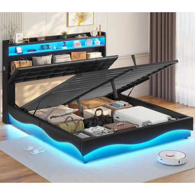 Lift Up Storage  Bed Frame With Charging Station And Hidden Storage Headboard, Led Lights Upholstered Platform Bed With Hydraulic Storage,