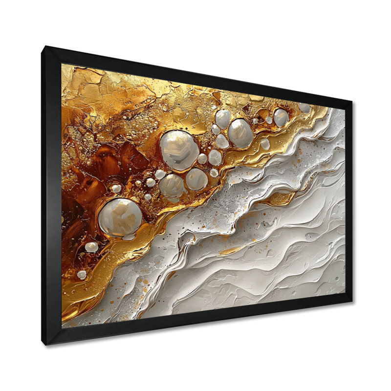 Rivière dorée de Calacatta, marbre abstrait I - art mural en marbre pour le salon, H 12 po x l 20 po, Cadre simple