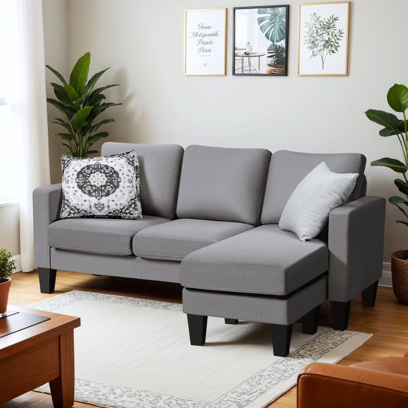 3 Seat L-shaped Sofa With Linen Fabric And Movable Ottoman, Convertible Sectional Couches, Light Gray Cotton