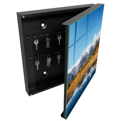 Decorative key box for wall, Opens to the left, 30x30x5, Black, Mountains in autumn reflected in the lake, 