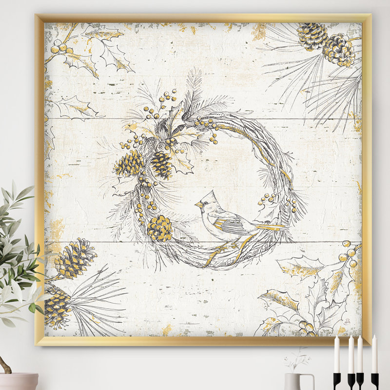 Gold Beautiful Cardinals - reproduction d'art sur toile encadrée, H 16 po x l 16 po x P 1 po, Cadre doré