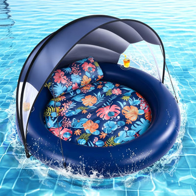 2-Person Pool Float Lounge With UPF 50+ Canopy & Detachable Headrest,  For Pool Party, Lake, Beach, River, Outdoor