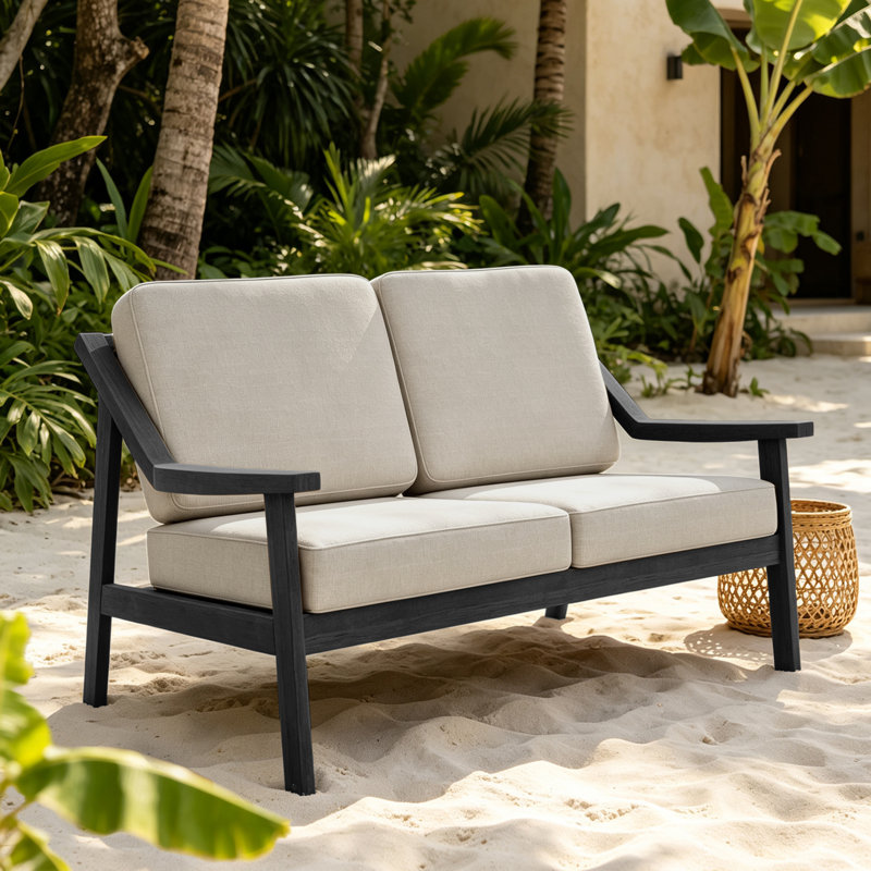Causeuse d'extérieur en bois de teck avec coussin et accoudoirs Marlo, Chameau clair, Noir