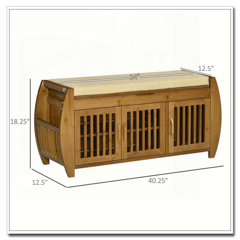 Banc à chaussures avec armoires de rangement, banc d'entrée en bambou avec coussin de siège, 3 portes, support latéral et compartiment caché pour le couloir, brun
