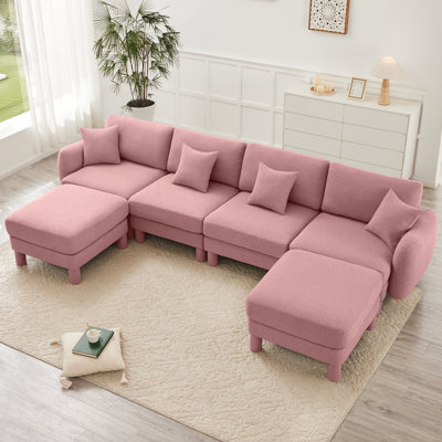 4 places en tissu bouclé rose, en forme de U avec coussins de dossier en forme de coquillage et de dossier moelleux, repose-pieds à ressorts