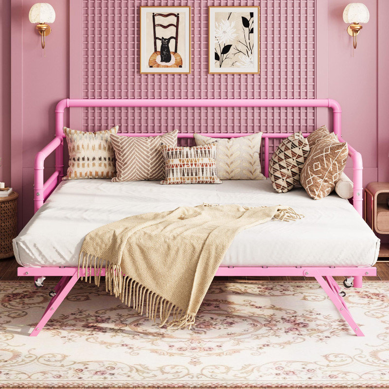 Lit de jour simple avec lit gigogne escamotable | Structure de lit en métal robuste avec support à lattes | Canapé-lit moderne pour dortoirs, chambres d'amis et espaces pour enfants