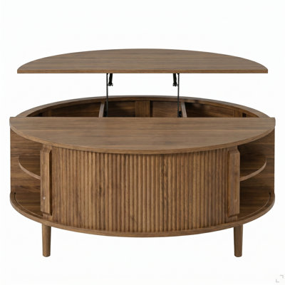 Minimalist Round Lift-Top Coffee Table with Hidden Storage, Sliding Door, Pine Legs, and Wood Wave Finish