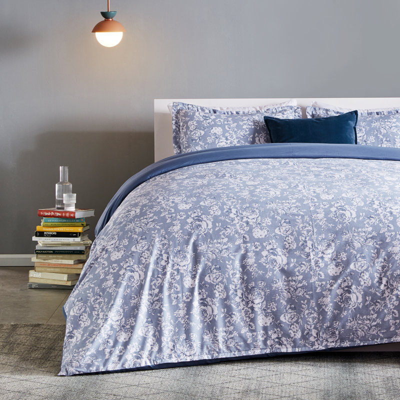 Blue Floral Microfiber Twin Duvet Cover Set with Pillowcase