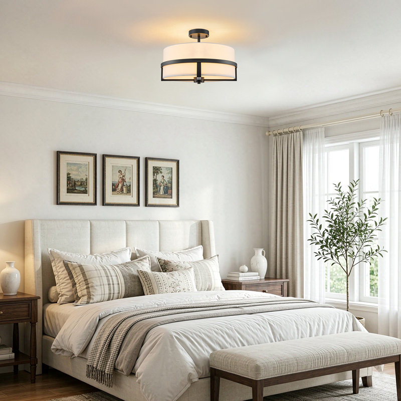 Plafonnier semi-encastré 3 lumières en tissu tambour, Noir mat
