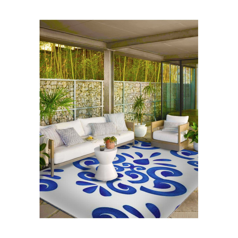 Tapis bleu tissé brodé à la machine, Carré 3 pi 3 po