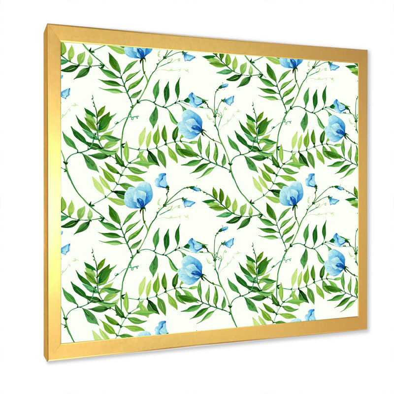Feuilles tropicales avec petites fleurs bleues - peinture sur toile, Cadre doré, H 31,5 po x l 31,5 po x P 1 po