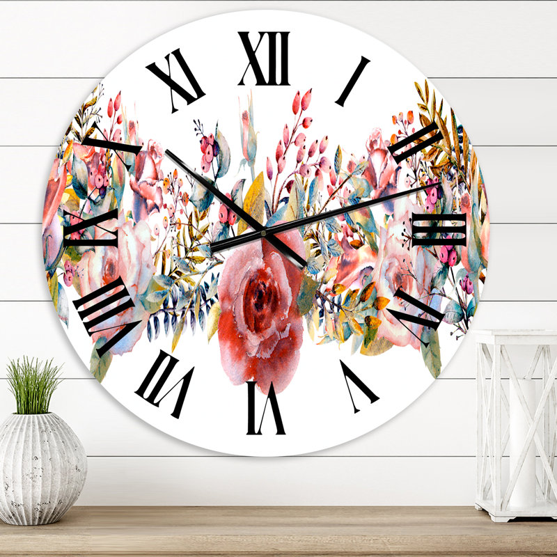 Roses roses et fleurs sauvages - Horloge murale de ferme, Moyen