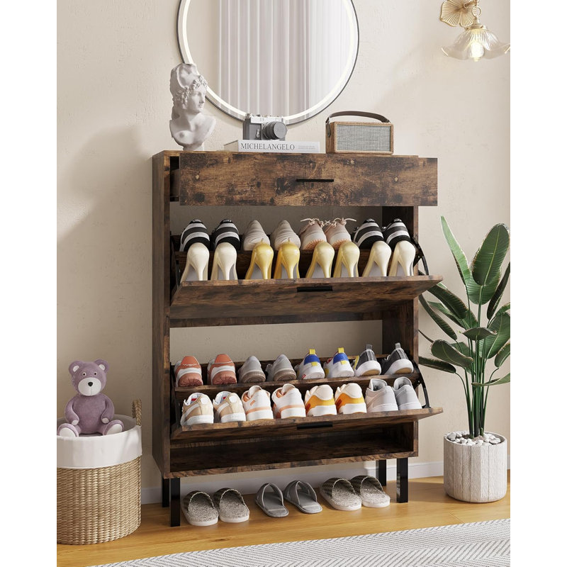 3-Tier Shoe Storage Cabinet w/ 2 Flip Drawers, Freestanding Entryway Organizer w/Adjustable Shelves, Hidden Shoe Rack, Brown
