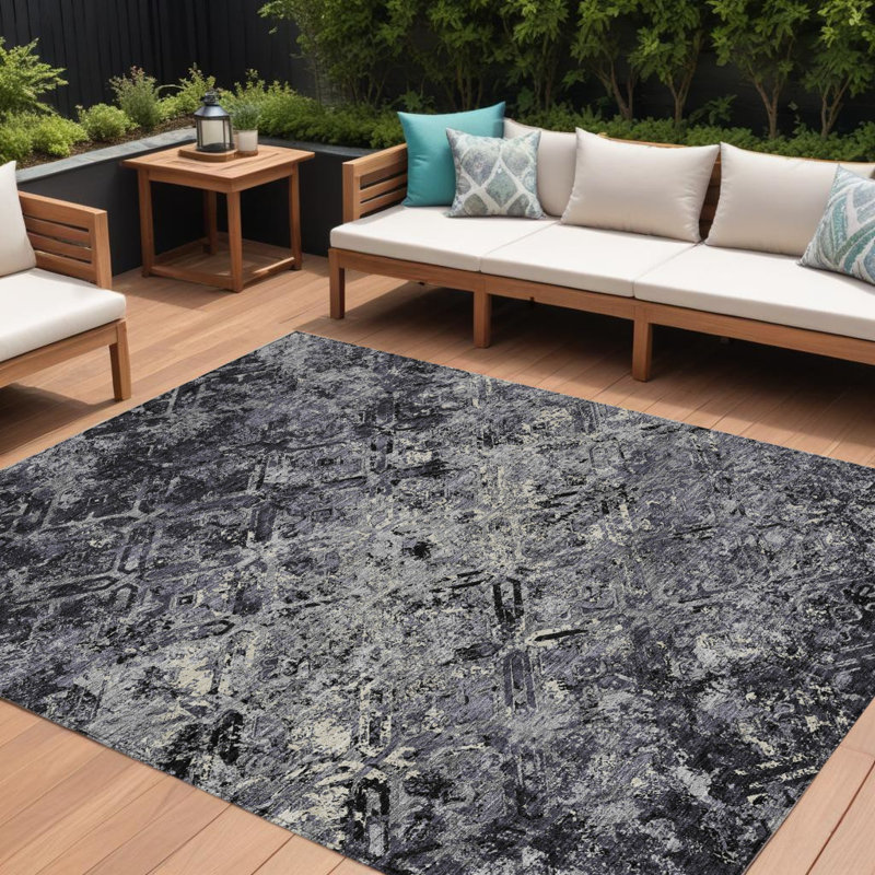 Tapis intérieur / extérieur 10 pi x 14 pi noir et gris à motif géométrique lavable
