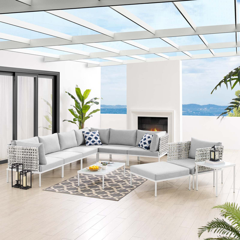 Ensemble de canapé modulaire d'extérieur en aluminium à tissage panier de 10 pièces Harmony par Modway, gris, Taupe
