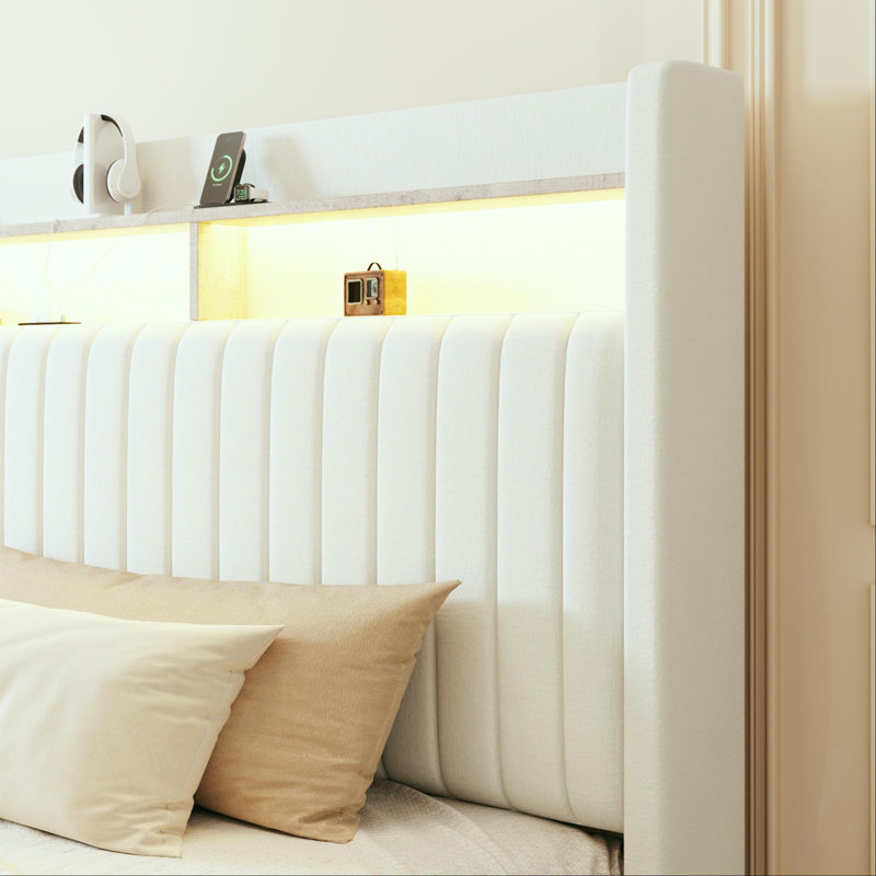 Base de lit plateforme avec rangement moderne avec tête de lit à DEL avec tablette, station de charge et 3 tiroirs, contrôle des applications