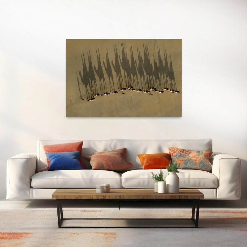 Ombres de caravane de chameaux, paysage abstrait contemporain, impression d'art mural nature, H 40 po x l 60 po