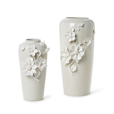 Ensemble de 2 vases en porcelaine avec fleurs sculptées en 3D pour le salon et la décoration de table, H 13,5 po