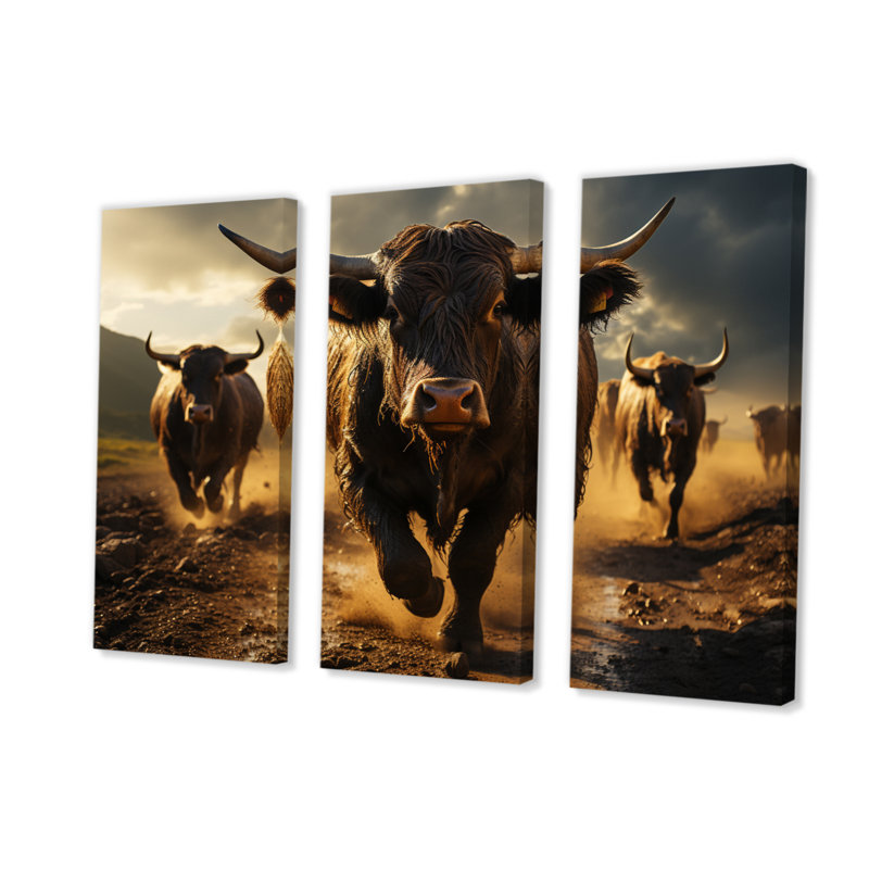 " Cattle Running II " 3 - Pieces, 40" H x 60" W