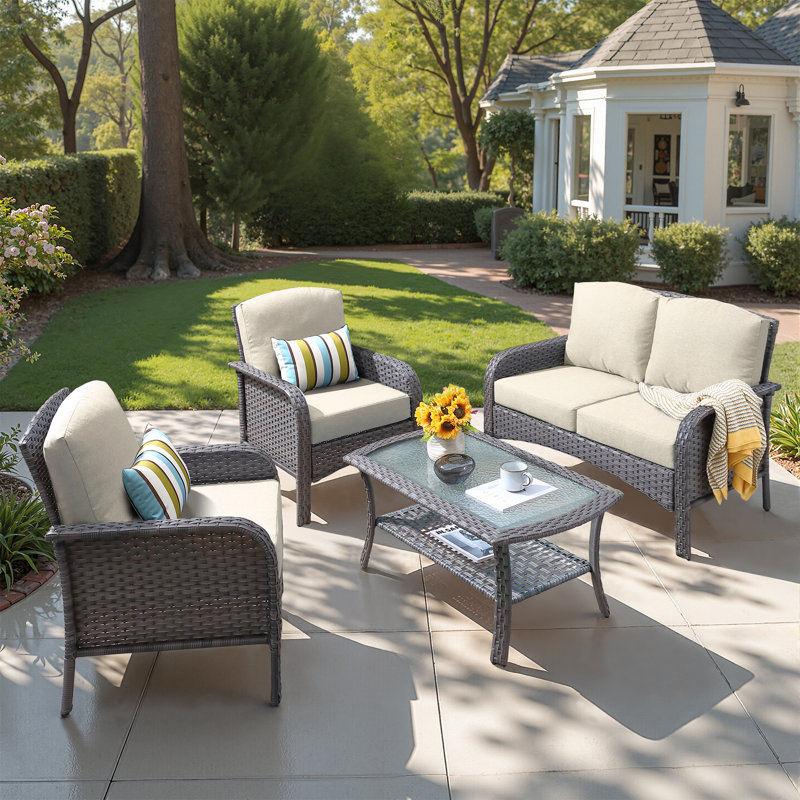 Jordanlee 4 Piece Rattan Wicker Sofa Seating Group with Cushions with Coffee Table and Armchairs, Beige, Gray