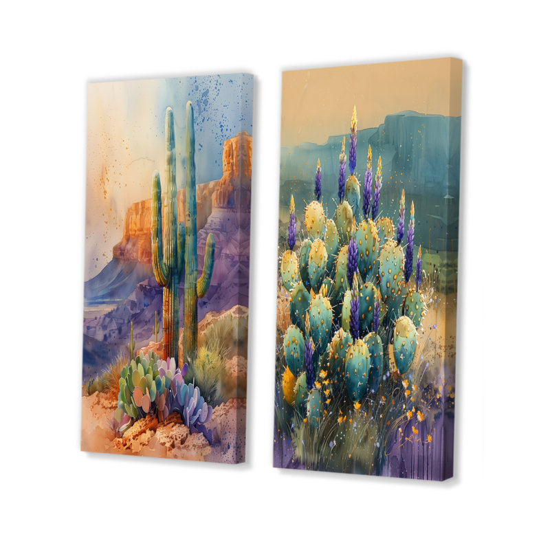 Cactus vert mauve, désert, merveille I - ensemble de 2 cactus floraux, Ne s’applique pas, Toile tendue sur cadre