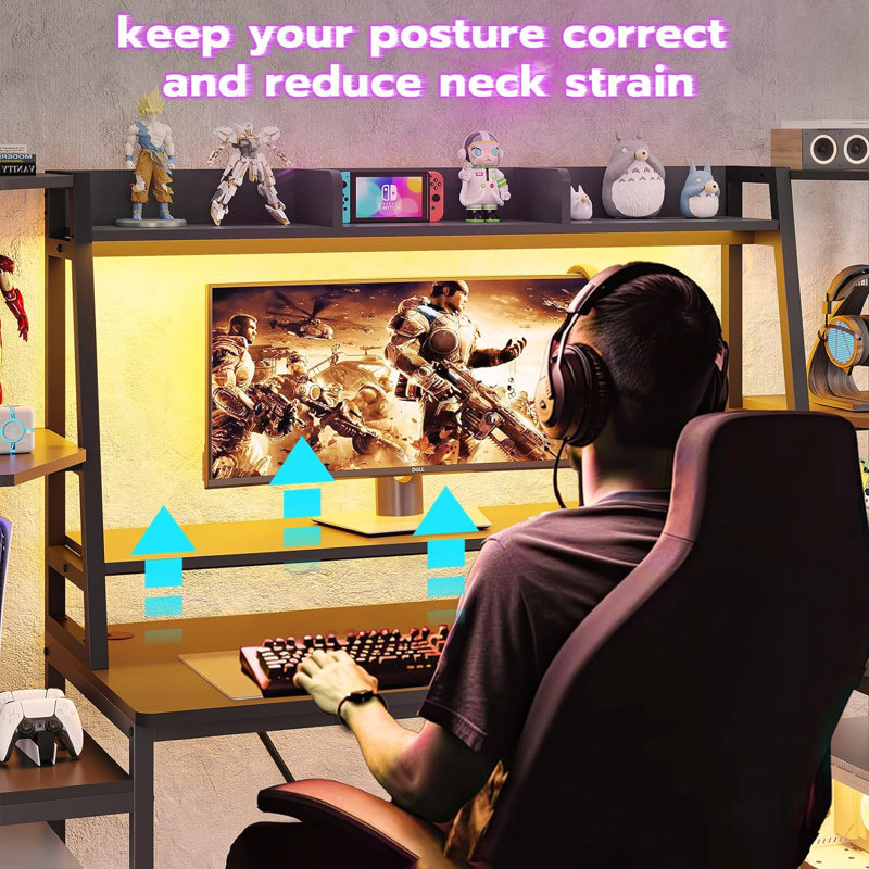 Black 65.7'' Gaming Desk with LED Lights and Hutch