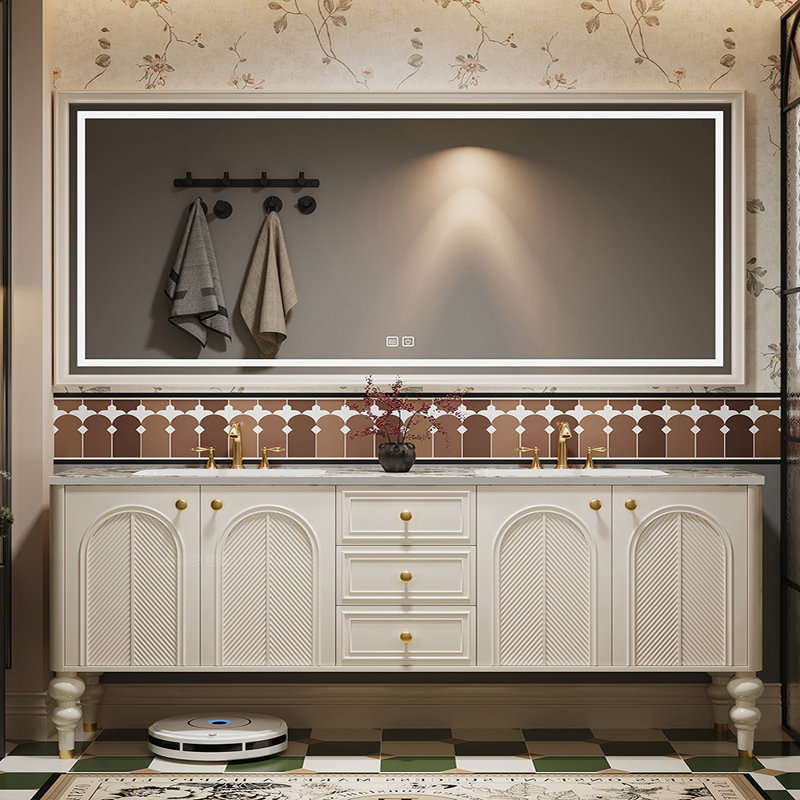 Double-basin retro floor-standing bathroom cabinet, 79", Off White