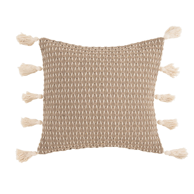 Beige Woven Square Throw Pillow with Tassels