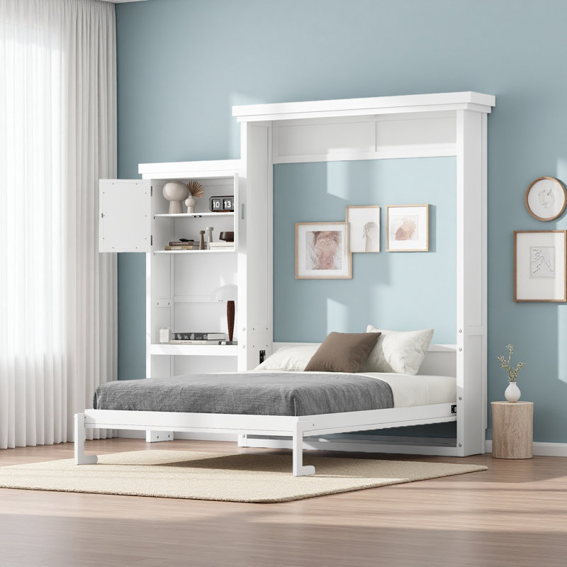 Grand lit escamotable avec plusieurs tablettes de rangement et décoration à persiennes, Blanc