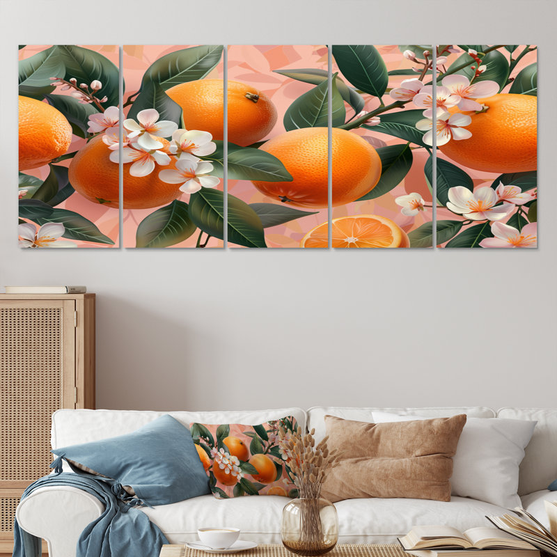 Ensemble de salon art floral jaune, rose, orange, orange, arbres IV, H 32 po x l 80 po