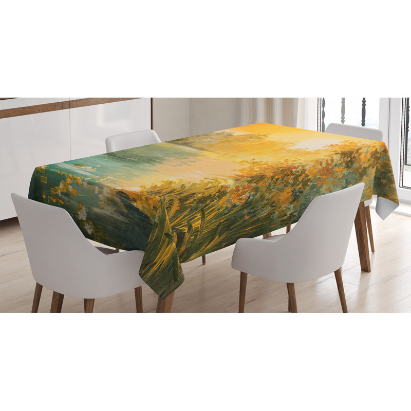 Country Tablecloth, Pastel Color Sunset On The Lake In Fall Autumn Scenery In Retro Art Drawing, Rectangular Table Cover For Dining Room Kitchen Decor, 52" X 70", Green Orange Blue