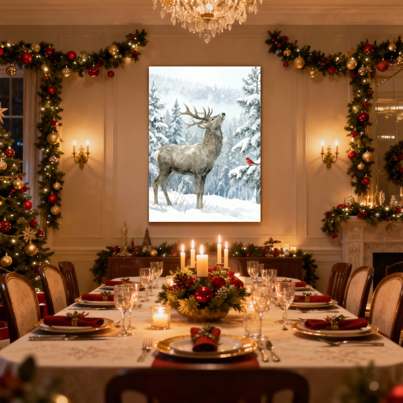 «Christmas Winter Deer Forest Snow Bird Landscape», ensemble de 3 impressions sur toile, H 18 po x l 12 po
