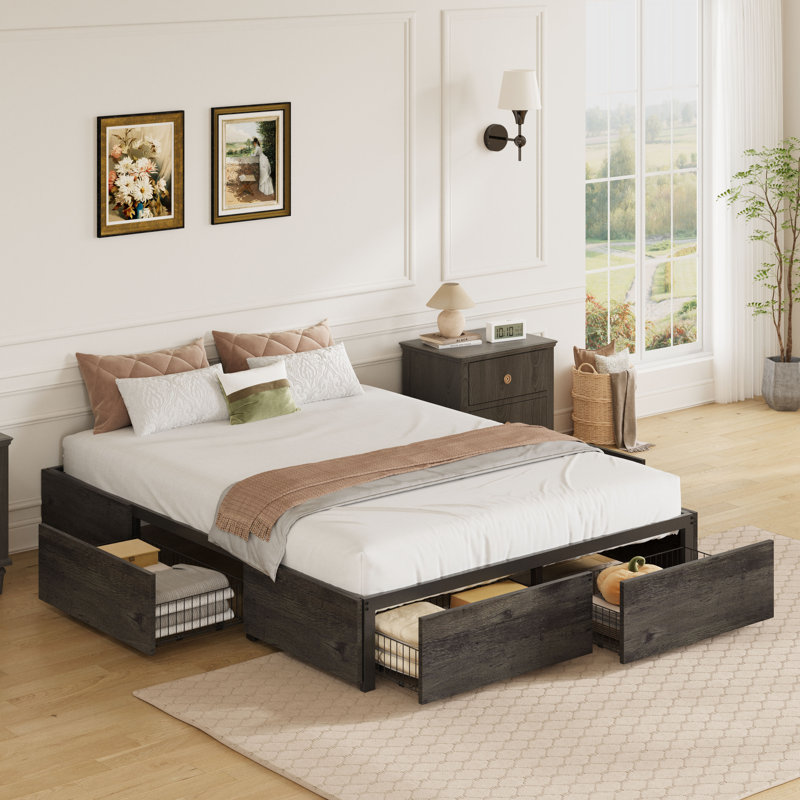 Queen Storage Platform Bed with Footboard and 4 Under Bed Drawers, Gray, Queen, Gray