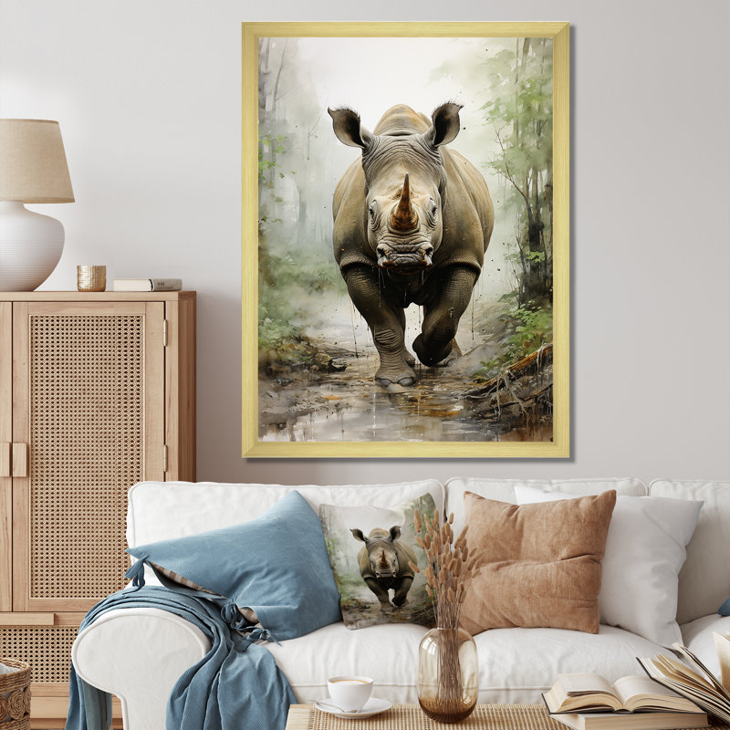 Rhinocéros Gardien cornu I, Encadrement doré, H 32 po x l 24 po x P 1 po