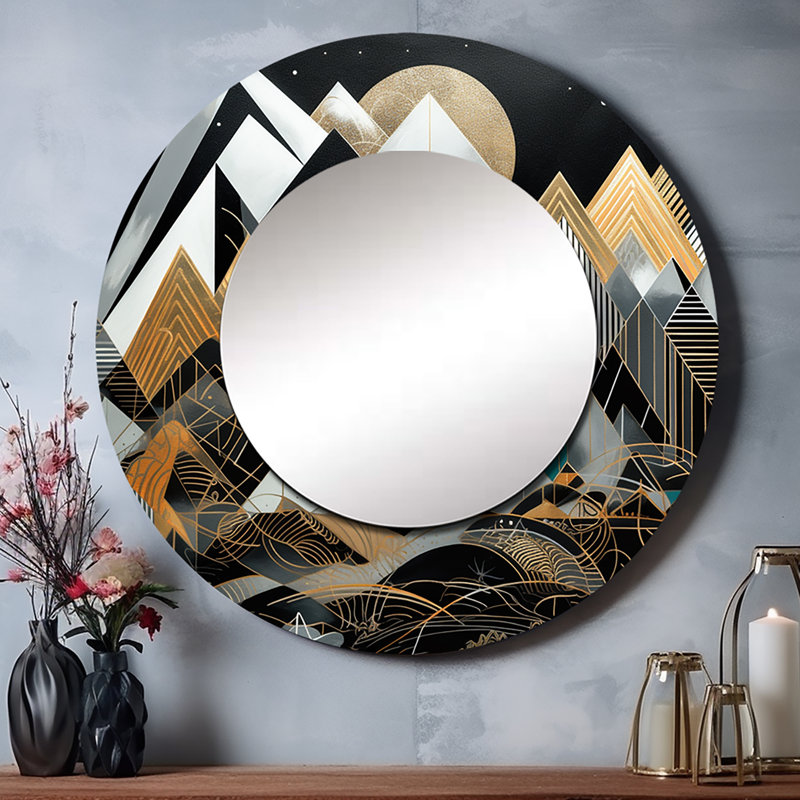 Philisa, harmonie géométrique noire et dorée - grand miroir de ville, décor de miroir mural rond noir unique, impression d'art en métal