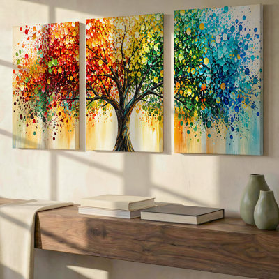 3 Pieces Exculisive Rainbow Paint Dot Tree of Life Large Wall Art Colorful Panorama, Modern Canvas Decor for Living Room, Bedroom, Office and Home