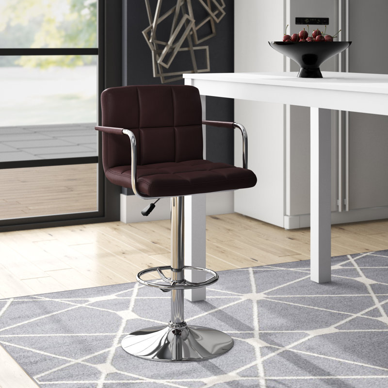 Sleek Brown Quilted Vinyl Adjustable Swivel Barstool with Chrome Base