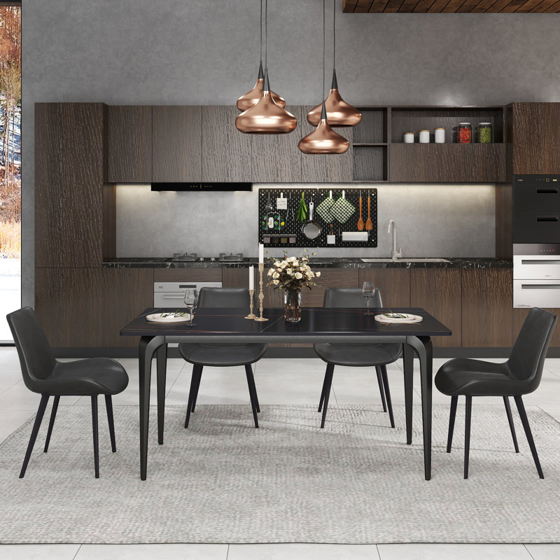 6 Seat Modern Stone Dining Table Set With Faux Leather Side Chairs, 7-piece Dining Set, Gray, Black