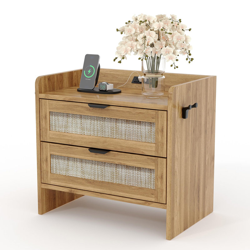 Table de chevet en rotin avec station de recharge USB-C, 2 tiroirs, style bohème