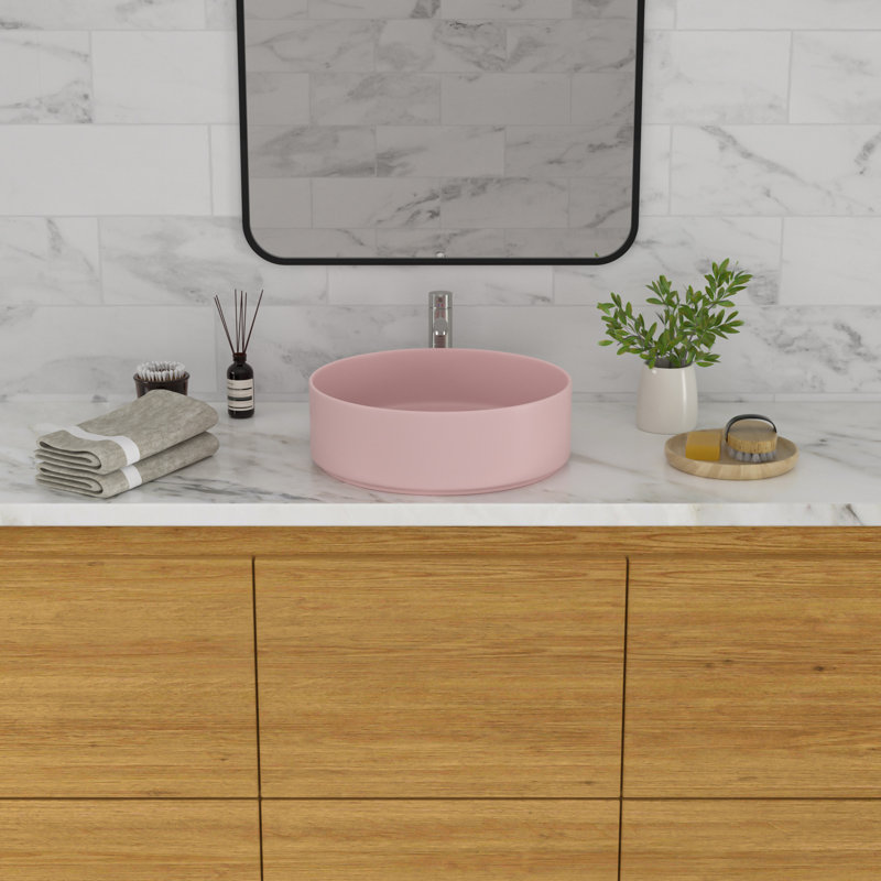 Lavabo de salle de bain rond en céramique 16 po GhomeG, Rose