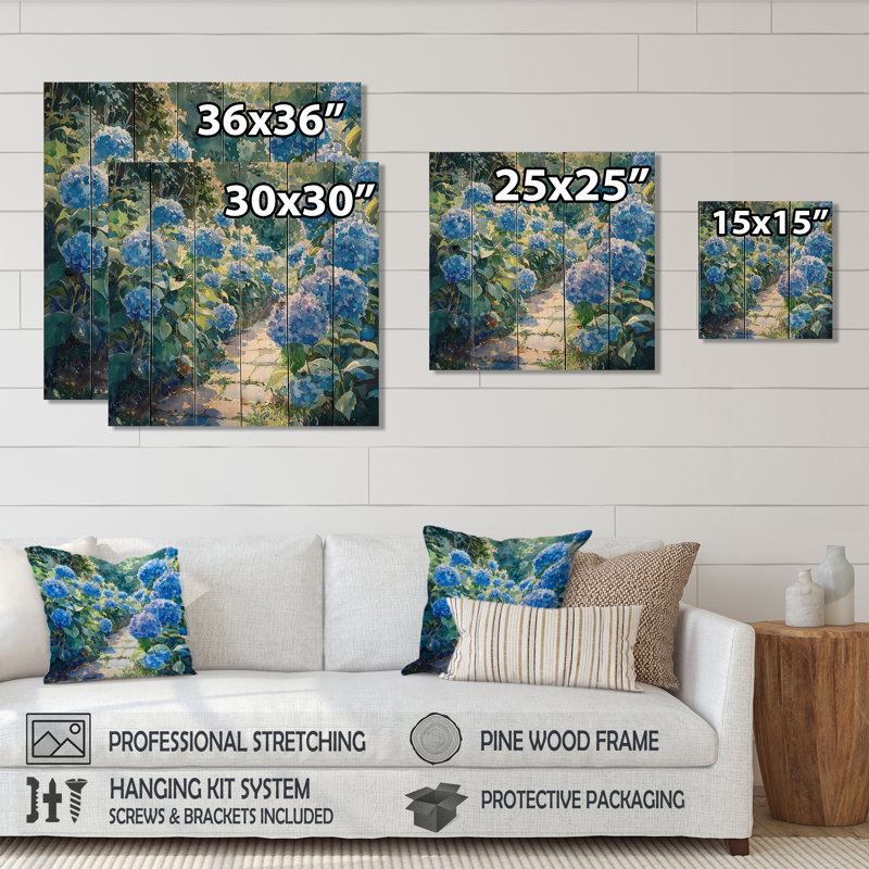 Hortensia «Garden Delight Harmony II» - Art mural en bois d'hortensia - sur bois de pin naturel
