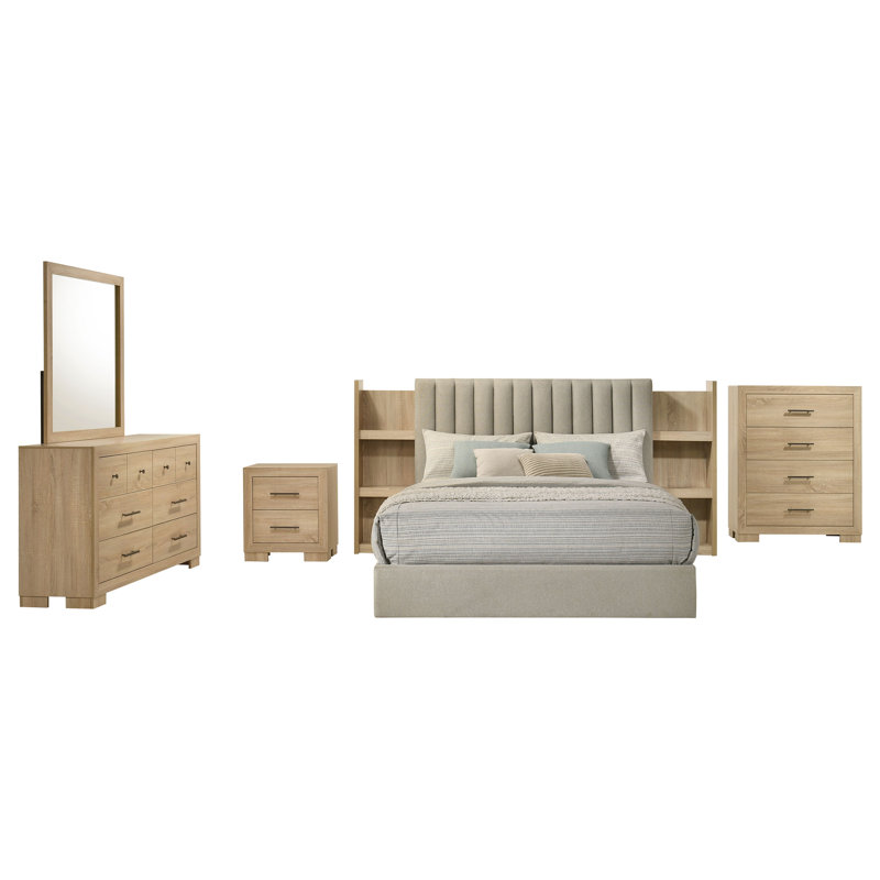 Ensemble de chambre avec grand lit 5 pièces Mitze Chêne clair, 5 Pcs: Bed, Nightstand, Dresser, Chest, Mirror, Grand