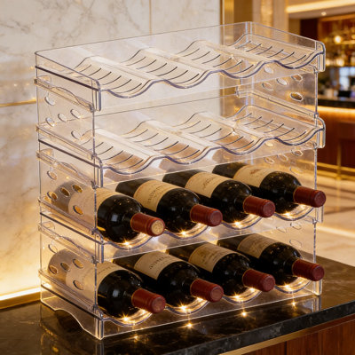 Étagère de rangement empilable pour bouteilles - 4 tablettes autoportantes à 4 niveaux pour 16 bouteilles d'eau, récipients à vin et à boissons pour la cuisine, le réfrigérateur, le garde-manger et le comptoir