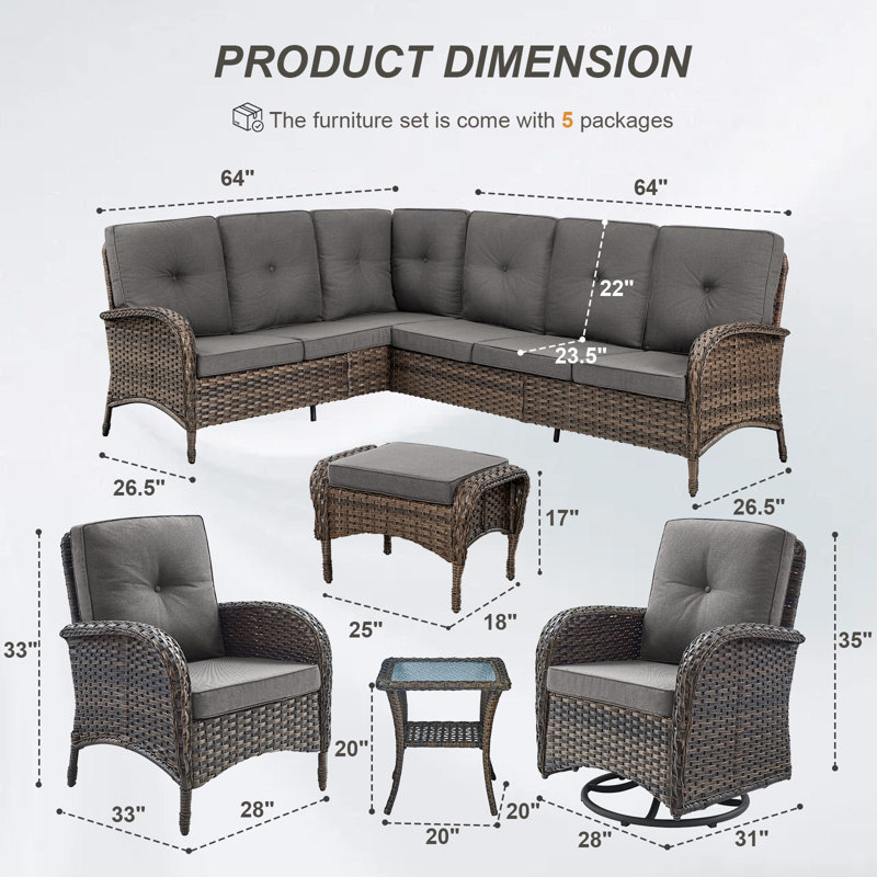 Valierius L-Shaped Outdoor Sectional Sofa Set With Swivel Chairs & High Back Patio Chairs, Gray