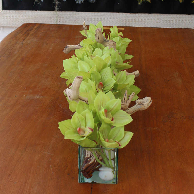 Driftwood Cymbidium Orchids Centerpiece in Glass Planter, 8" H x 48" W x 6" D, Green