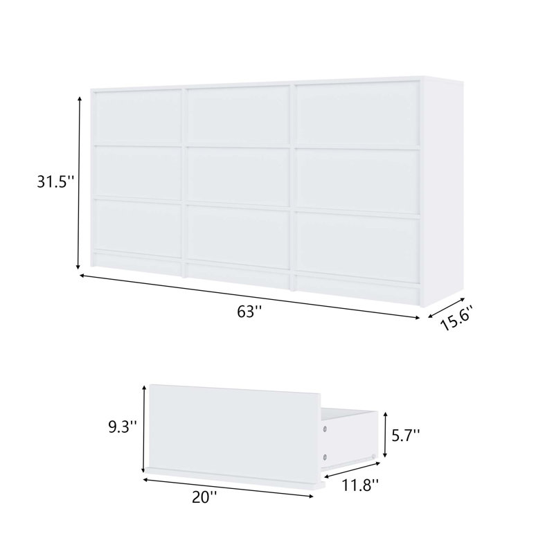 63 " W 9 - Drawer Dresser, White